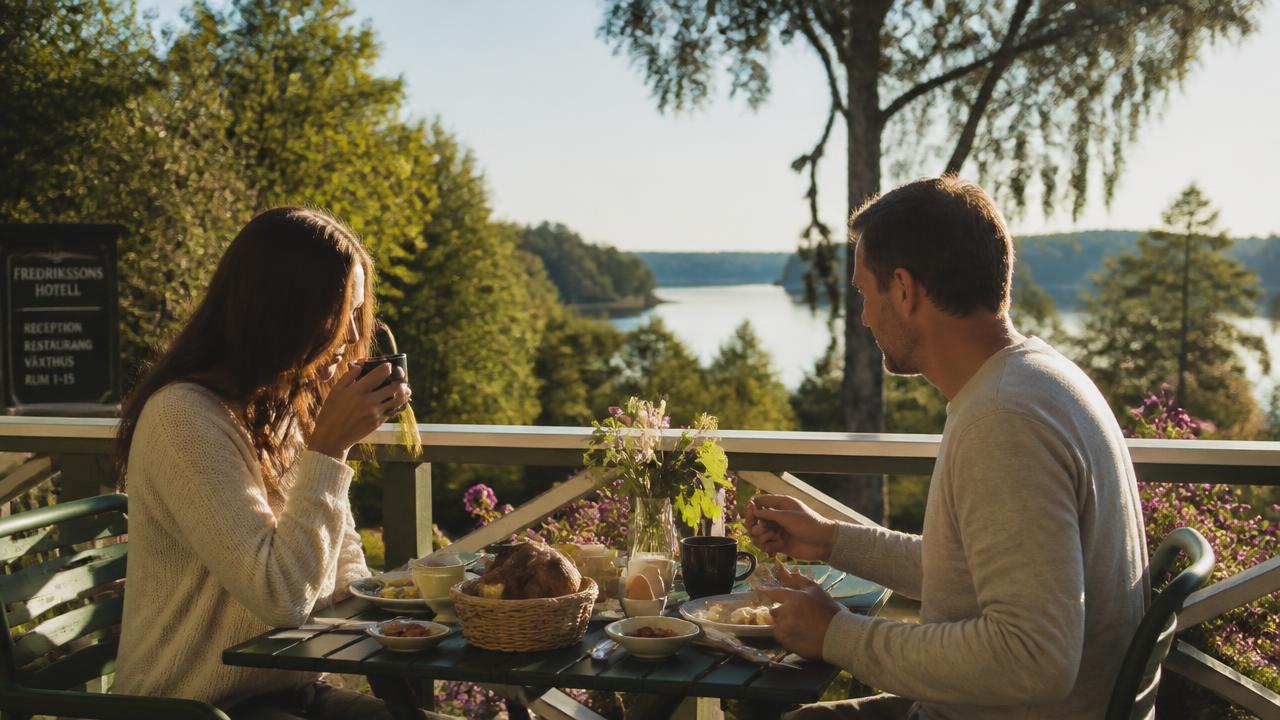 Frukost för två på en solig hotellterrass med utsikt över en sjö