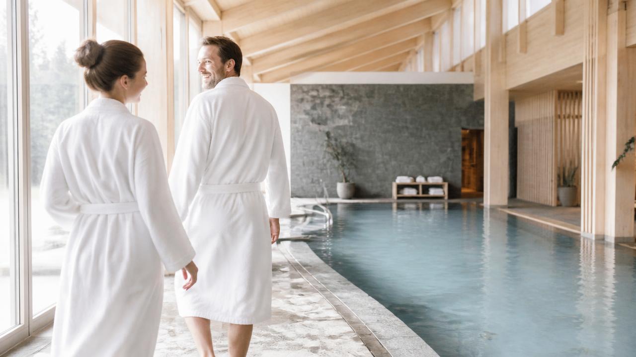Två personer i morgonrockar går längs en inomhuspool i dagsljus