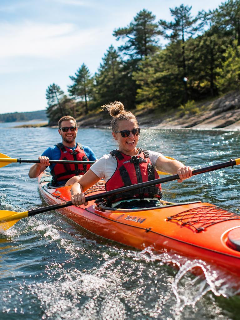 Två personer paddlar kajak i solsken i Stockholms skärgård